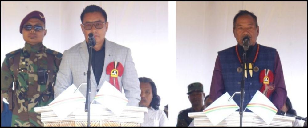 NSCN-K (Khango) President Lieut Gen (Retd) Khango Konyak and Ato Kilonser Hokato Vusshe speaking during the celebration of Naga Independence Day on August 14.